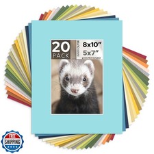 Mat Board Center, Pack of 20, 8x10 Mixed Colors White Core Picture Mats Matte