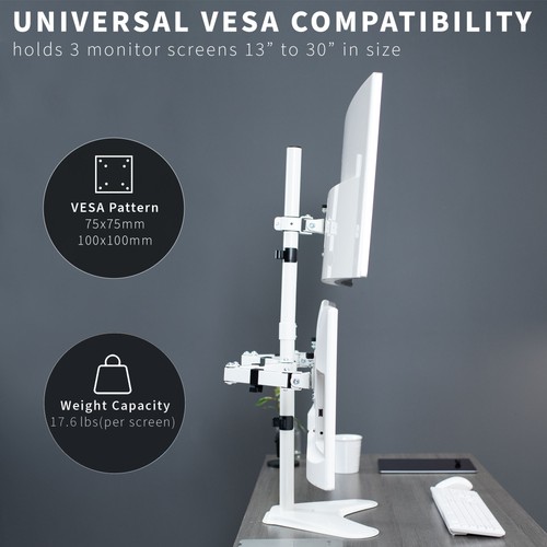 VIVO White Triple Monitor Desk Stand, Adjustable Mount for 3 Screens up to 30" - Picture 3 of 8