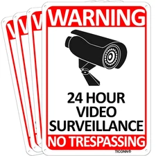 4-Pack 24 Hour Video Surveillance Sign, No Trespassing Aluminum Warning Sign, 10