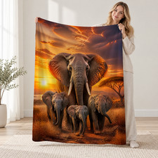 Elephant Herd Savanna Sunset Coral Fleece Blanket Living Room Decor