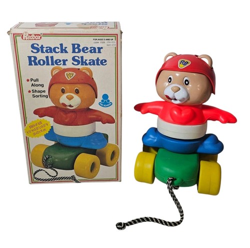 Rare Vtg Redbox Stack Bear Roller Skate Pull Along Toy w/ original Box 1987