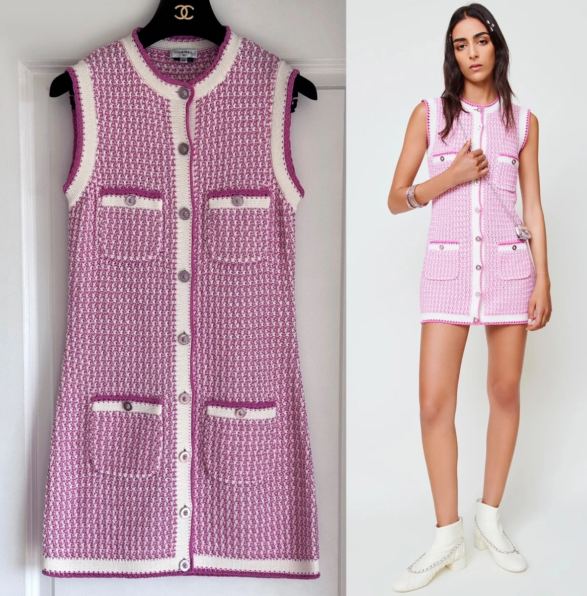 CHANEL 22P PINK WHITE SLEEVELESS KNIT MINI DRESS 36 | eBay