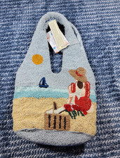 Women s Medium Crescent Shoulder Bag Top Handle Beach Blue/Beige Beaded Sequin