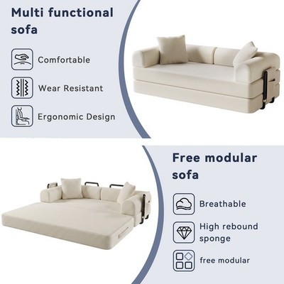 5-in-1 Convertible Floor Sofa Bed-Modern 4 Seater Sofa Couch with Side Pockets