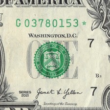 Series 2021 Star Note G Chicago 3.2M Pack Note $1 Dollar Bill G03780153*