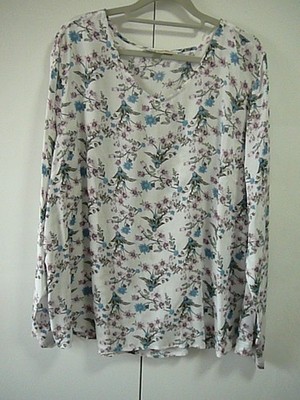 X Multiblu Bluse Tunika Gr 46/48 weiß Blumen Blau rosa  Krempelärmel Viskose