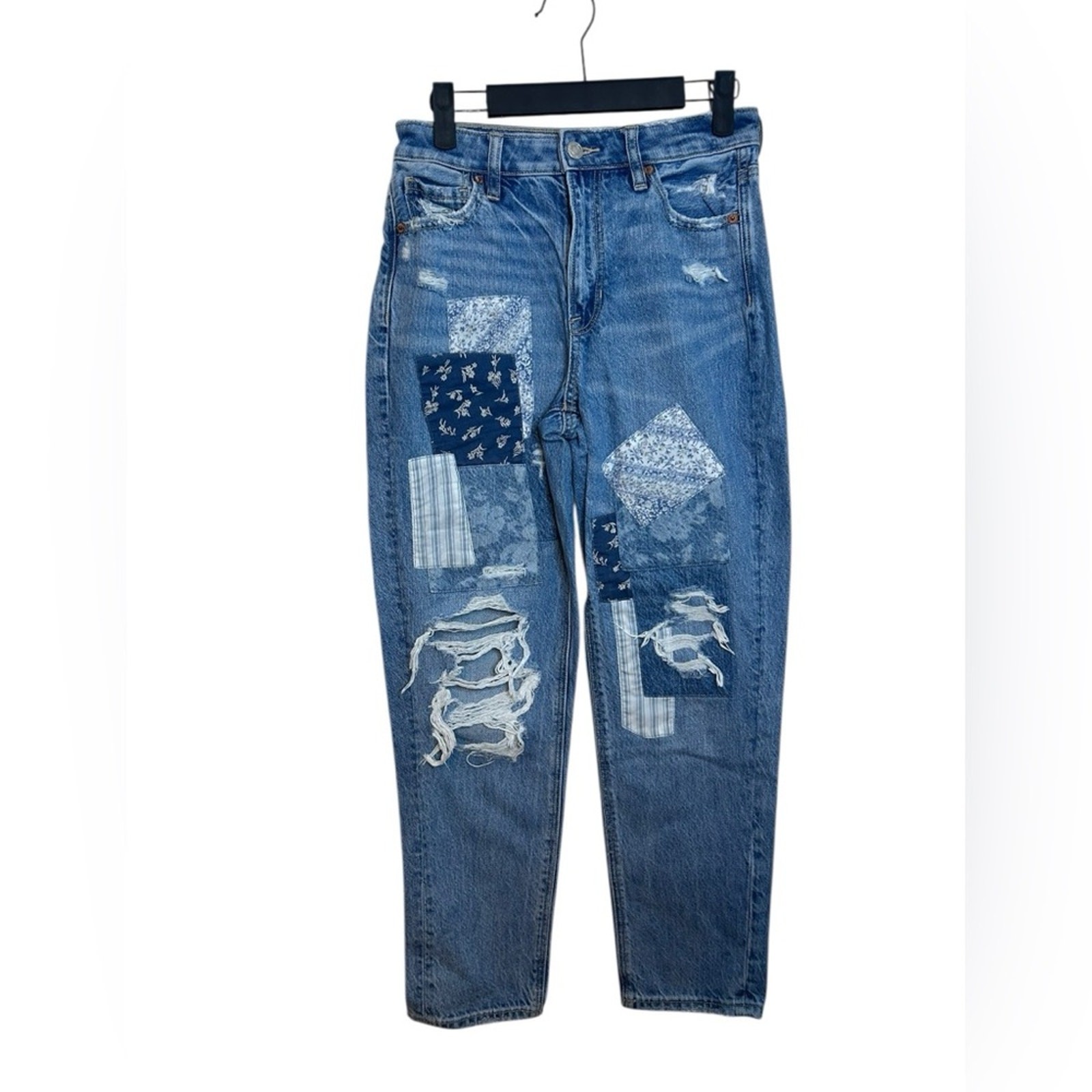 American Eagle Distressed Blue Patchwork Mom Stra… - image 1