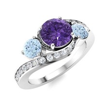 5MM Round Shape Amethyst  Aquamarine 925 Sterling Silver Three Stone Women Ring