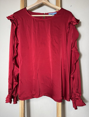 CeCe Women's Red Satin Round Neck Ruffle Sleeve Zip Blouse Top XL