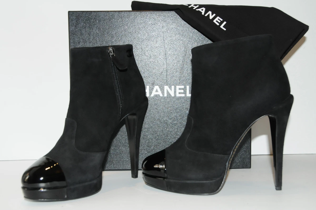 Neuf Chanel Noir Daim Verni Bottines Plateforme Cheville Bottes