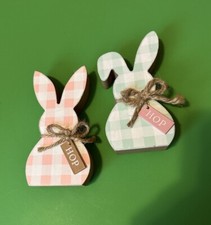 Whimsical Wooden Bunnies, Pink And Green Gingham With HOP Sign Easter Decor