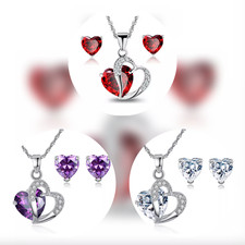 Women Love Heart Long Chain Pendant Necklace with Matching Earrings Set