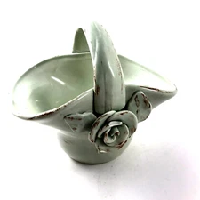 Green Ceramic Basket with Flower 8" L 5.5 W 5.5 H. Chip on Flower Easter