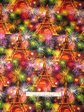 Fireworks Paris Eiffel Tower Fabric By the Yard Cotton Timeless Treasures C3959