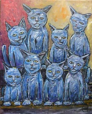 A BUNCH OF BLUE CATS wow painting 16x20 canvas pet original NEW signed CROWELL