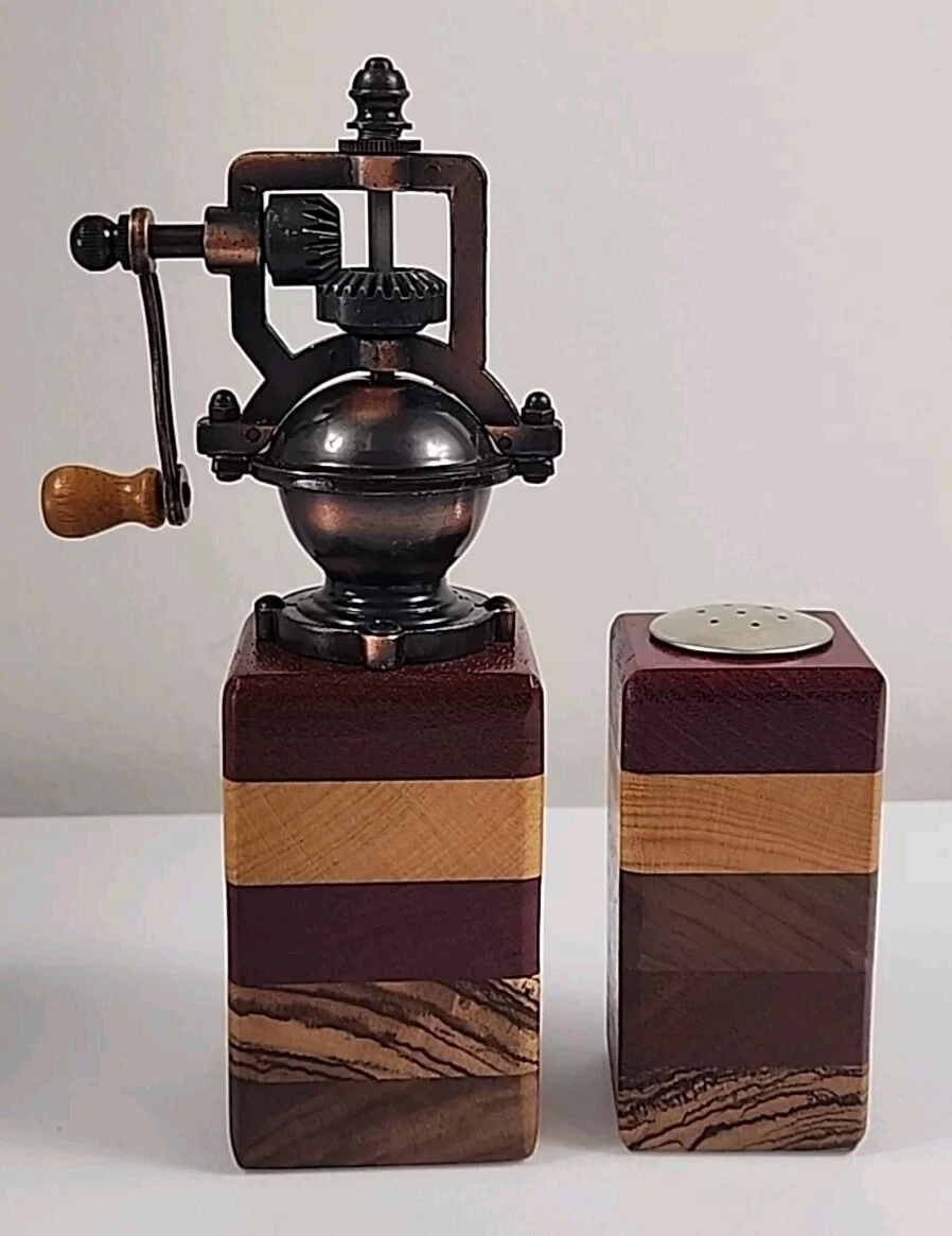 Steampunk Woodworking Manual Pepper Grinder Set w/ Salt Shaker Wood Segmented