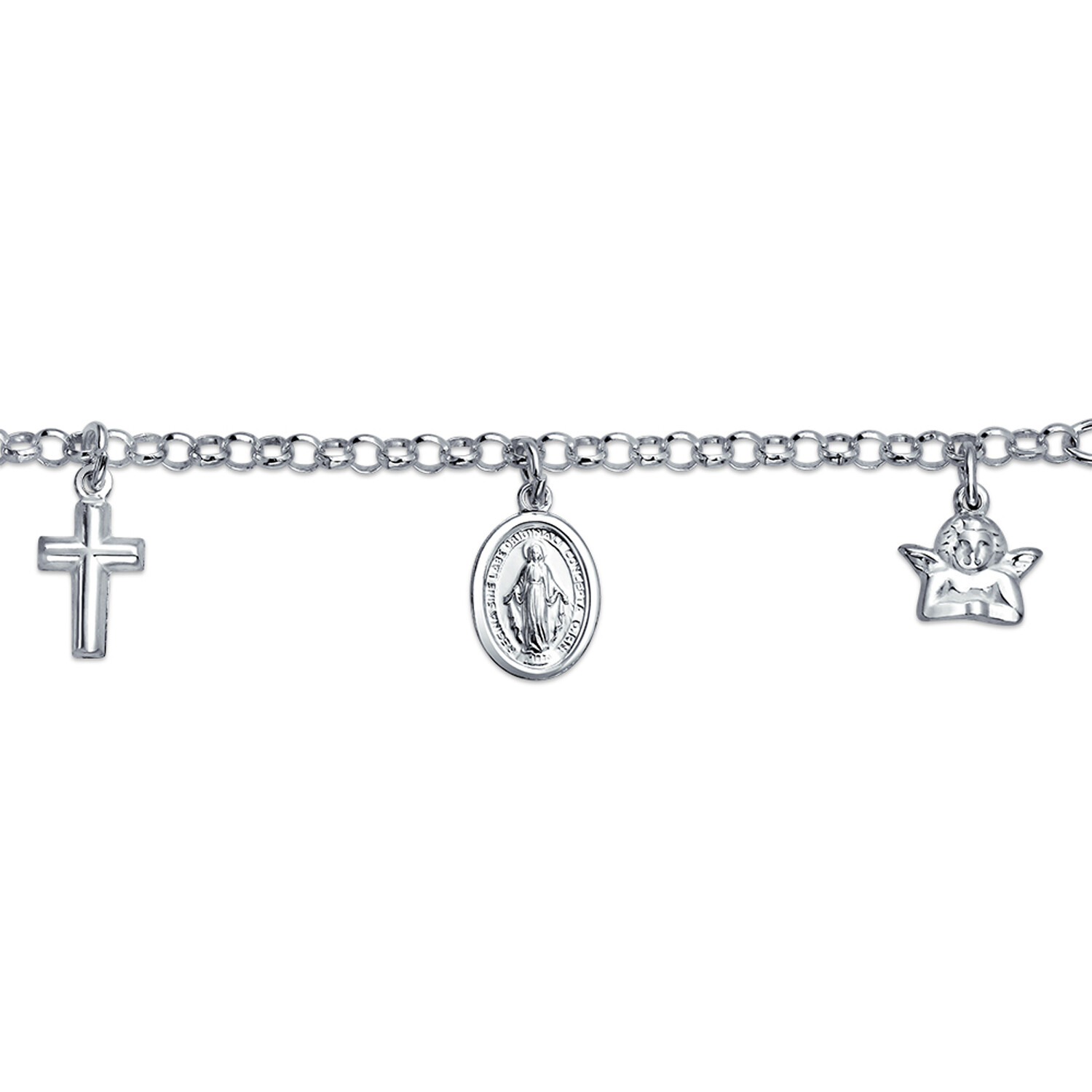 Virgin Mary Cross Dangle Religious Charm Bracelet 925 Sterling Silver