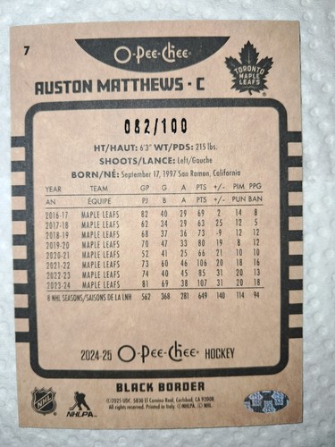 2024-2025 o pee chee AUSTON MATTHEWS RETRO BLACK BORDER 82/100 - Picture 2 of 2