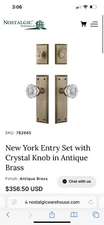 NIB Nostalgic Warehouse New York Entry Set Crystal Door Knob Antique Brass Keys