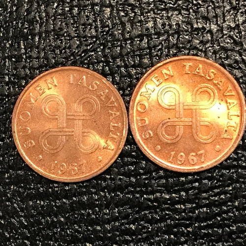 LOT OF 2 HIGH GRADE BU 1967 FINLAND 1 PENNIA COIN-FEB404