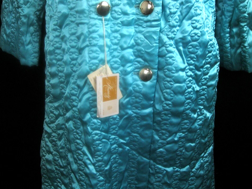 NUEVO CON ETIQUETAS ABRIGO ACOLCHADO VINTAGE AÑOS 60 RHAPSODY M Mid Century verde azulado satinado dorado botones Foto 4 de 4