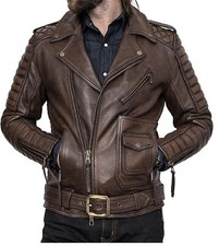 Men s Cowhide Brown Biker Real Leather Jacket