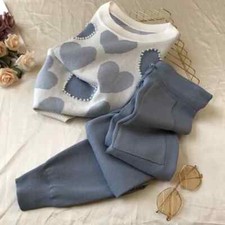 New Knitted Women Short Sleeve Beading Sweater Tops Pants Suit Tracksuit
