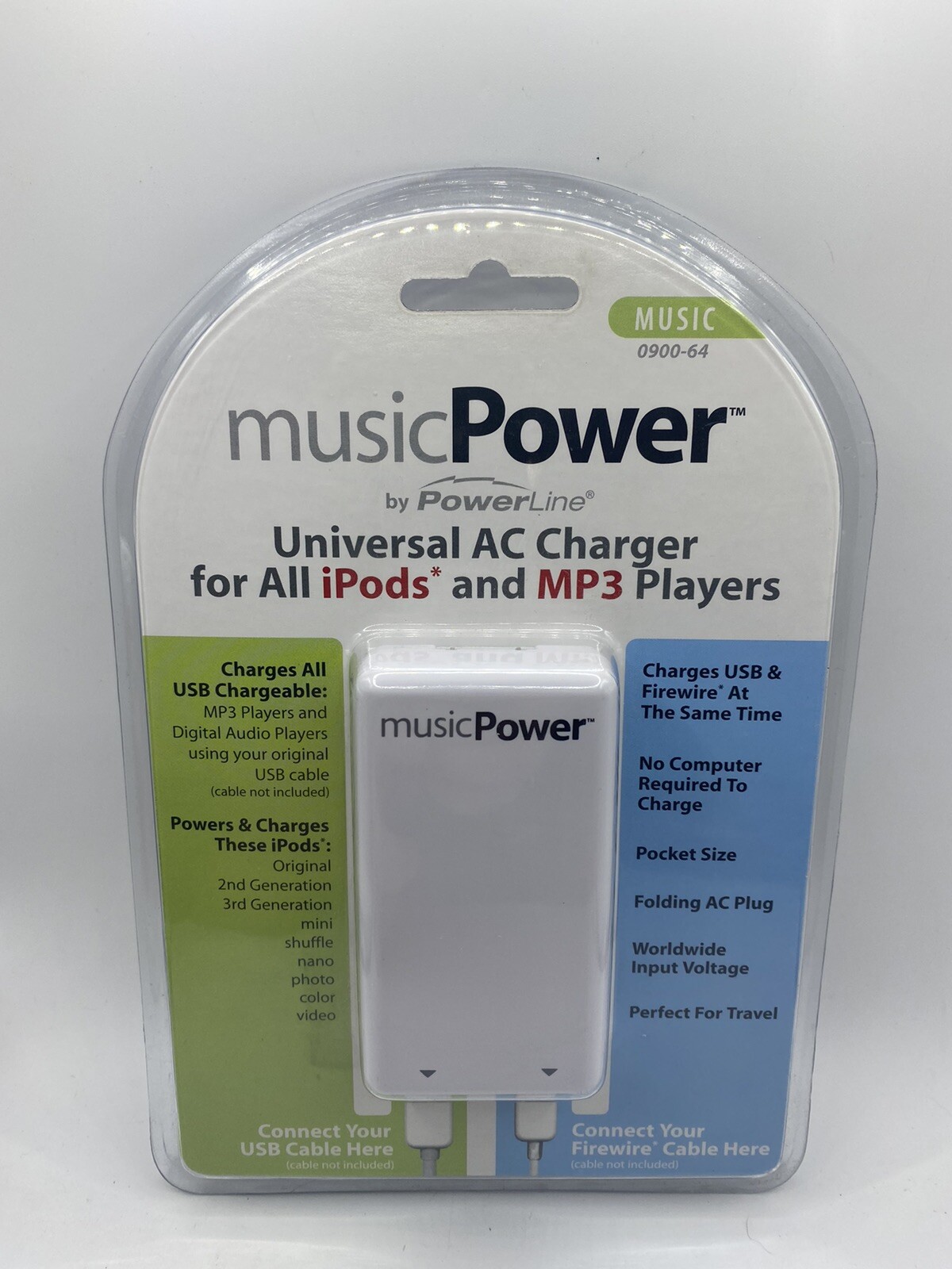 MUSIC POWER UNIVERSAL AC CHARGER MUSIC 090064 USB AND FIREWIRE iPODS