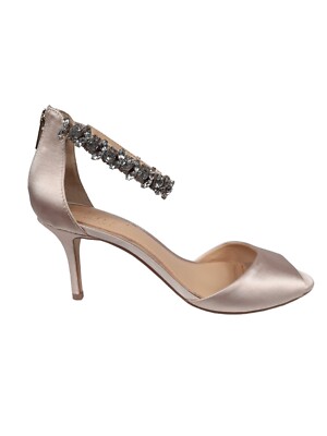 Jewel Badgley Mischka Lorraine Kitten Heel Blush Satin Rhinestone Ankle Size 6.5