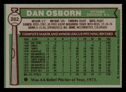 1976 Topps #282 Dan Osborn - Picture 2 of 2