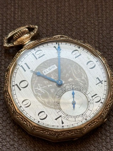 Antique Pocket Watch Mechanical Gold-plated USA Elgin Open Face Rare Old 20th - Picture 4 of 13