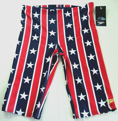 Speedo Men's Jammer Swimsuit 32 Red White Blue Star Lane ProLT Fabric MSRP$33