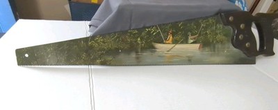 VINTAGE HAND PAINTED Saw 28'' Fishing Scene Signed USA Country Folk Art Hacksaw