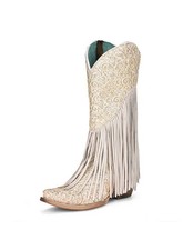Corral Western Boots Womens Lamb Overlay Embroidery Fringe White C3955