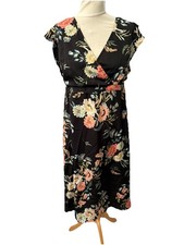 Jo Jo Maman Bebe Black Floral Nursing Maternity Dress Size 14 V Neck