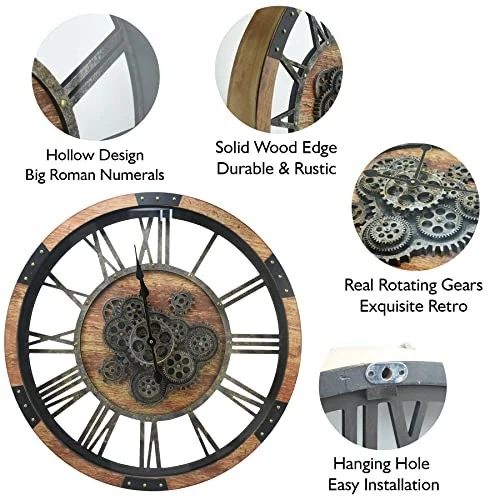 DORBOKER 27" Large Real Moving Gears Wall Clock Toughened Glass Cover - Brown - Image 4 of 4