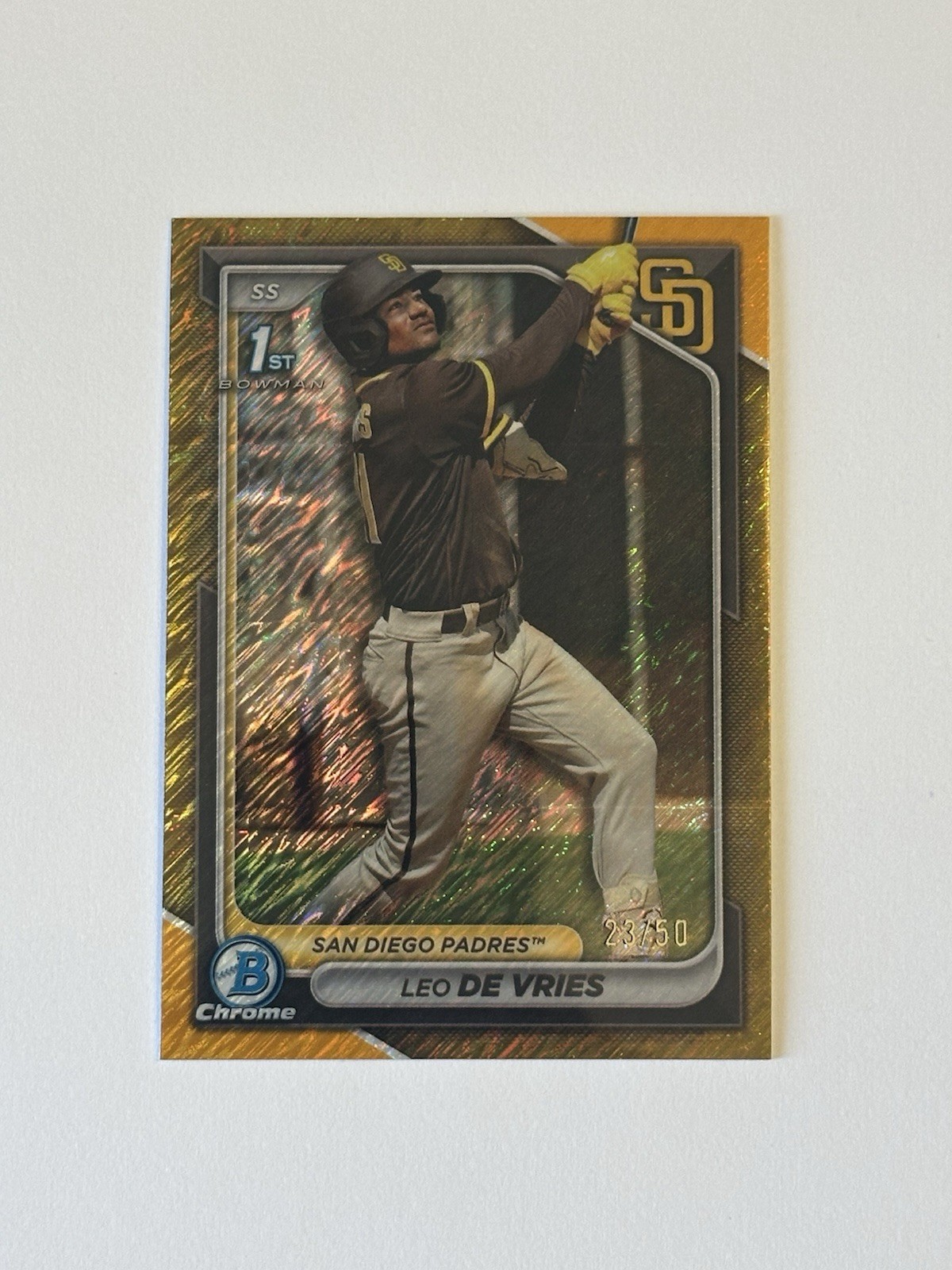 2024 Bowman Chrome Prospects Leo De Vries Gold Shimmer Refractor /50 1st Bowman.