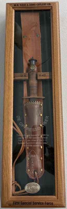 2015 Case XX V-42 WWII Special Forces knife, sheath & wood showcase.