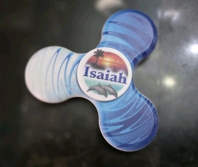 Personalized Name ''Isaiah'' Fidget Spinner Toy Blue Beach Theme Palm Tree Dolphin