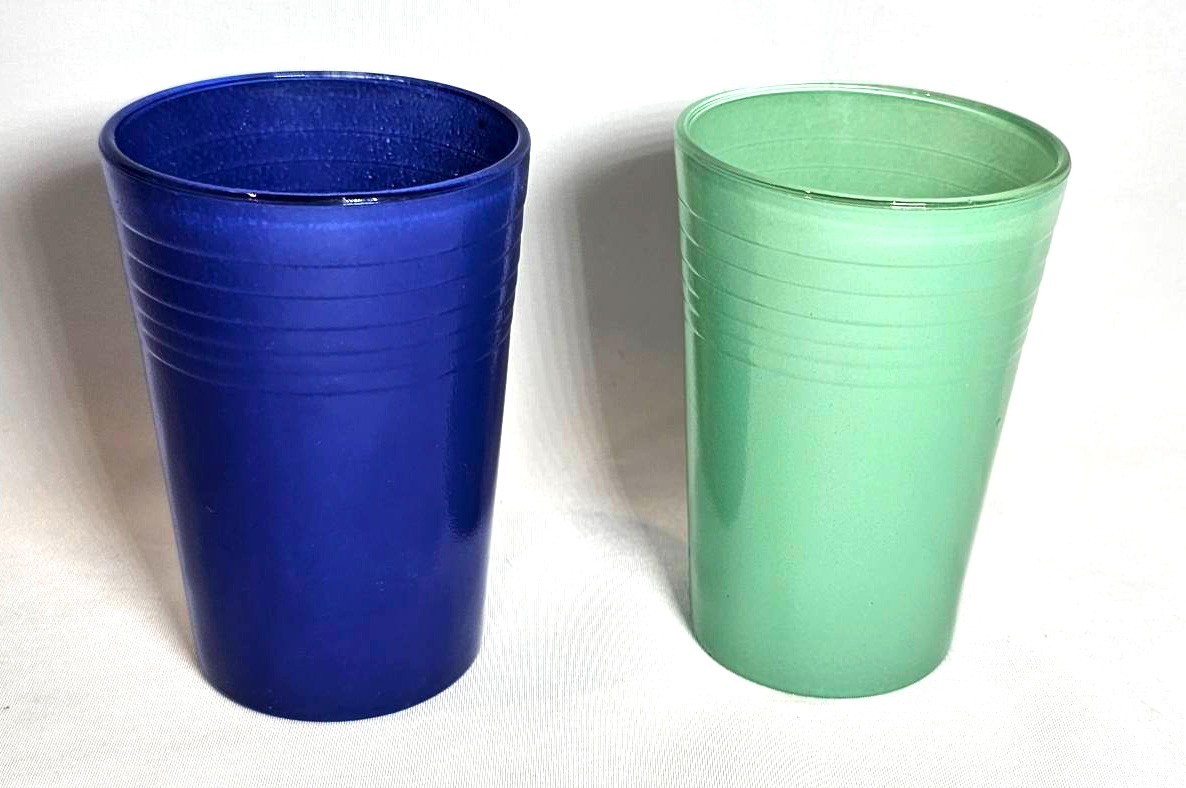 Vintage FIESTA *TWO* Juice Glasses Blue and Green Go A Longs
