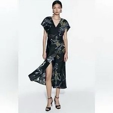 Zara Printed Satin Effect Midi Dress Large Black Green Floral Faux Wrap NWT Med