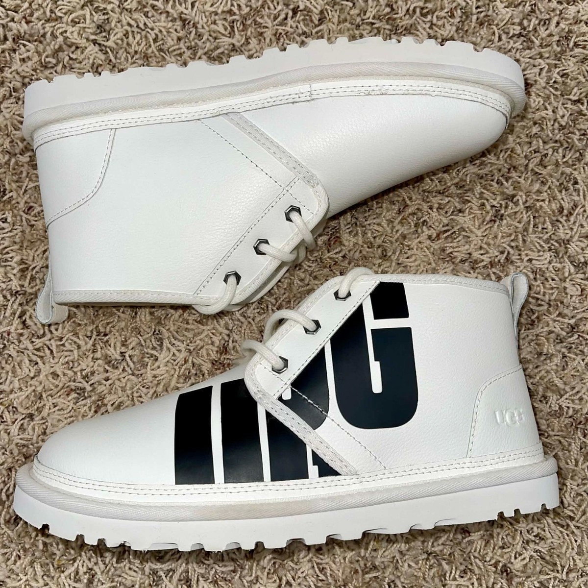 UGG Boots Neumel Chukka White & Black Leather Graphic Logo Sz 5 36 UGG Neumel Embossed All Over Logo Chukka Boots Women Size 6  main image 2