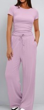 Womens 2 Piece Lounge Set Short Sleeve Top Wide Leg Pants High Waisted Outfit.