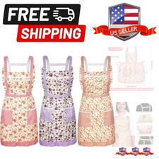 3 Pieces Women Floral Aprons with Pockets Vintage Flower Kitchen Cooking Apro...