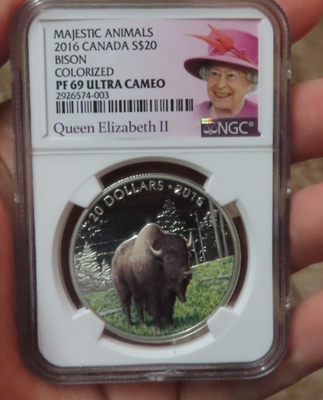 #ad 2016 Canada Silver $20 NGC PF69 Ultra Cameo Bison Majestic Animals Colorized $400.00