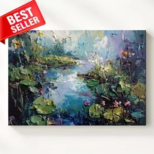 Impressionist Pond Textured Water Garden Stillness Covered Pads Canvas Wall Art