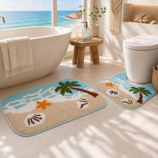 2 Piece Beach Bathroom Rug Set, Absorbent Bath Mat and U-Shaped Toilet Rug Sma