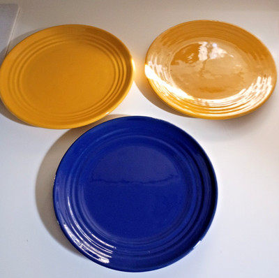 Set of 3 Bauer Pottery Ring Ware  9.5'' Plates 2 yellow 1 cobalt