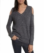 Sofia Cashmere Women  s 100 Cashmere sweater Naked shoulder Sz L Charcoal V Neck