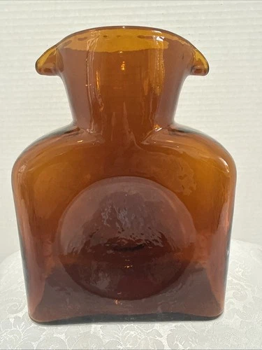 Vintage Mcm Blenko Dark Amber Glass Double Spout Water Bottle Carafe Pitcher